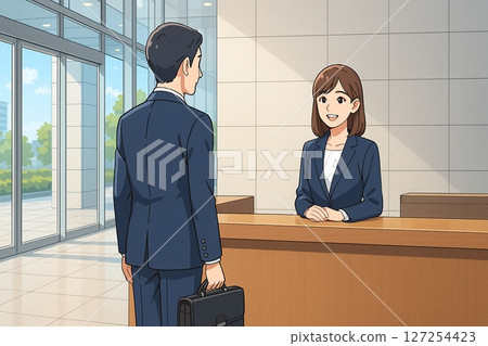 一名女子和一名男子在公司接待處為訪客服務 127254423