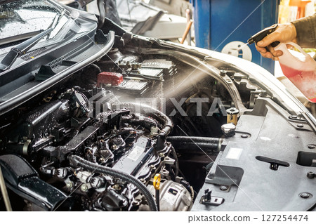 The mechanic is using a cleaning spray to clean the engine compartment. 127254474