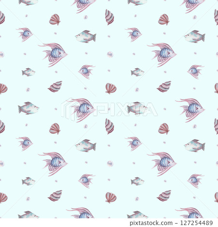 Hand drawn watercolor nautical pattern in blue. Fish and pearls in a repeating seamless pattern with sea life. Hand drawn watercolor nautical pattern in blue. Fish and pearls in a repeating seamless pattern with sea life. 127254489