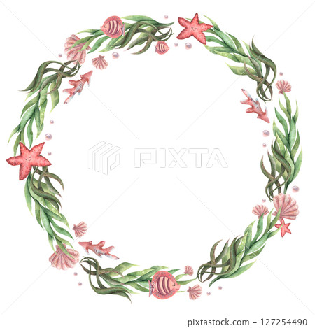 Watercolor wreath, frame of pink shells, pearls, seaweed, starfish and coral. Sea life Watercolor wreath, frame of pink shells, pearls, seaweed, starfish and coral. Sea life 127254490