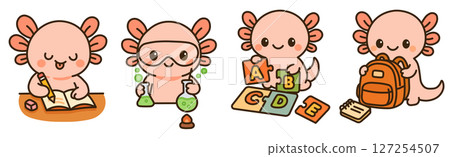 Cute cartoon axolotl going back to school, studying, doing science experiments, playing with alphabet puzzle, and packing backpack. Kawaii education theme for kids and students. Cute cartoon axolotl going back to school, studying, doing science experiments, playing with alphabet puzzle, and packing backpack. Kawaii education theme for kids and students. 127254507
