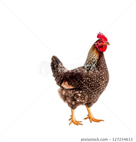 Majestic Chicken Stands Proudly with Striking Feathers and Vibrant Comb in Bright Light Majestic Chicken Stands Proudly with Striking Feathers and Vibrant Comb in Bright Light 127254613