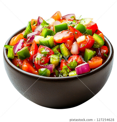 Fresh and Colorful Vegetable Salsa in a Round Black Bowl Perfect for Parties and Dishes 127254628