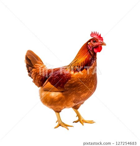 Vibrant Brown Hen Standing Gracefully on a White Background with Natural Feathers Vibrant Brown Hen Standing Gracefully on a White Background with Natural Feathers 127254683