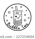 Kawaii winking bubble tea with boba tapioca pearls in a circle frame, outline for coloring book 127254694