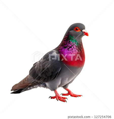 Colorful pigeon with striking feathers standing on a surface against a dark background 127254706