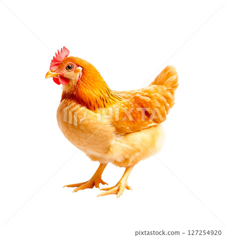 Colorful Domestic Chicken Standing Proudly on a White Background, Showcasing Its Feathers Colorful Domestic Chicken Standing Proudly on a White Background, Showcasing Its Feathers 127254920