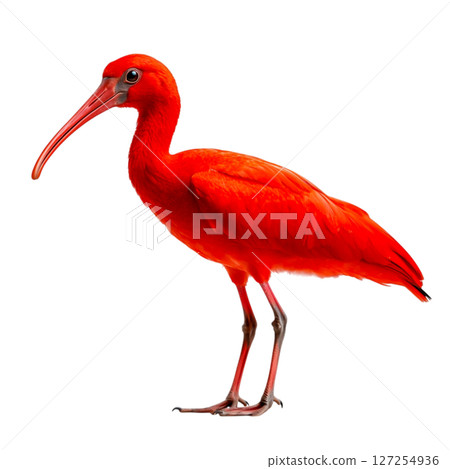 Vibrant Scarlet Ibis Standing Gracefully Against a White Background in Profile View 127254936