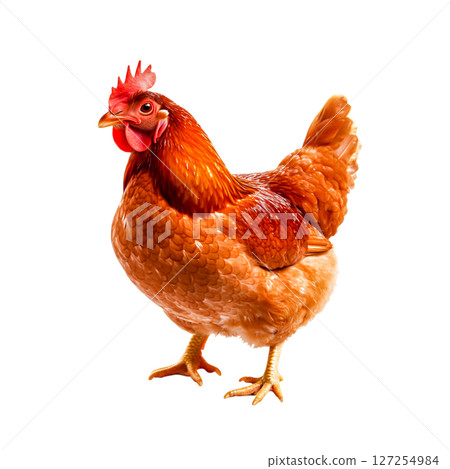 Realistic Chicken in Natural Pose with Vibrant Feathers and Detail for Stock Imagery Realistic Chicken in Natural Pose with Vibrant Feathers and Detail for Stock Imagery 127254984
