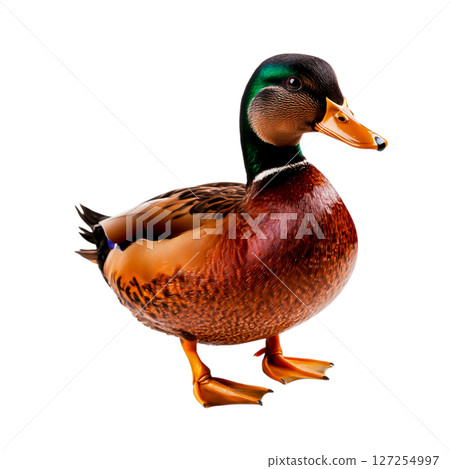 Colorful male mallard duck standing on one leg with vivid plumage and unique features 127254997