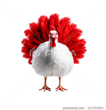 Vibrant Turkey with Bright Red Feathers and White Body Standing Proudly in Spotlight 127255023