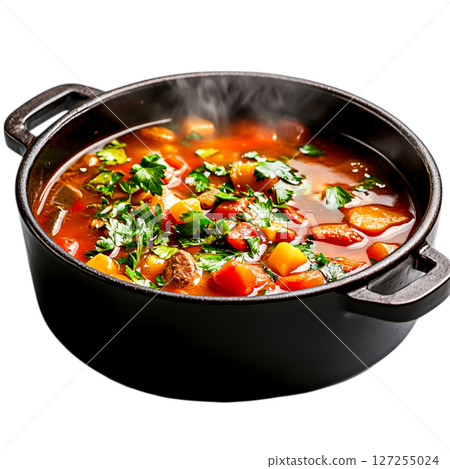 Close-Up of Delicious Vegetable and Meat Stew in Black Pot with Fresh Herbs Garnish 127255024