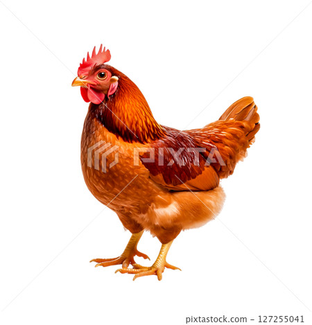 Proud and Vibrant Chicken Standing in a Bright and Lively Farmyard Setting Proud and Vibrant Chicken Standing in a Bright and Lively Farmyard Setting 127255041