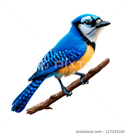 Vibrant Blue Bird Perched on Branch with Detailed Feathers and Bright Colors 127255165