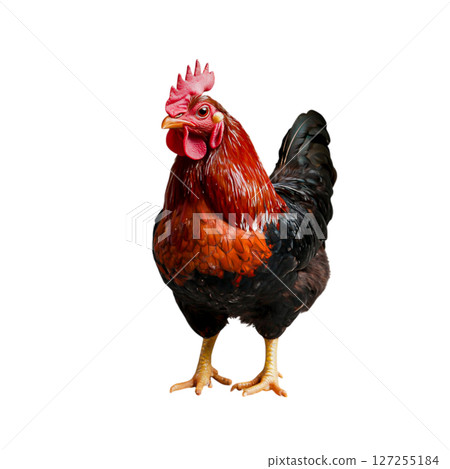Majestic Rooster Displaying Vibrant Feathers and Proud Posture on White Background 127255184