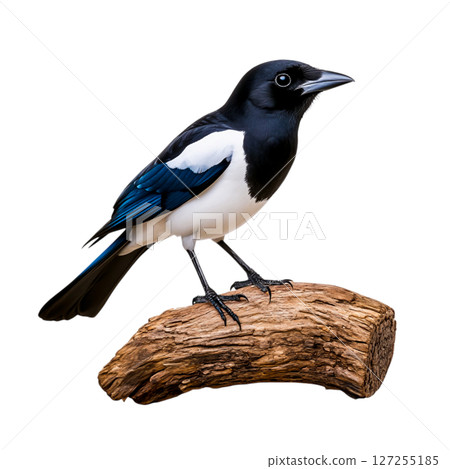 Elegant Eurasian Magpie Perched on Rustic Log Against a Dark Background 127255185