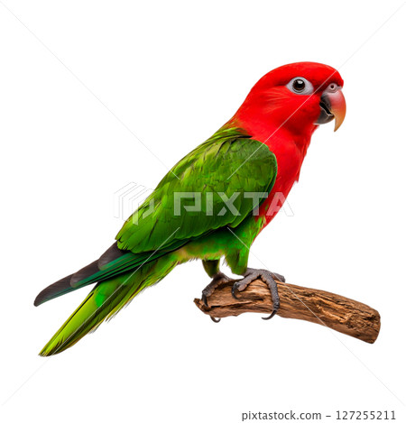 Vibrant red and green parrot perched on a branch in a bright and eye-catching pose 127255211