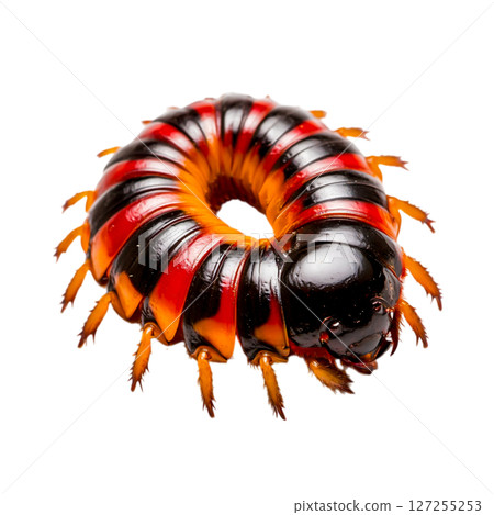 Close-Up of Colorful Millipede with Vibrant Red and Black Segments on White Background 127255253