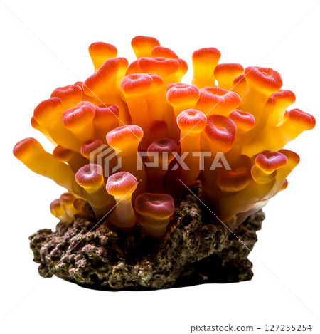 Vibrant Coral Structure with Bright Orange and Yellow Tentacles Underwater View 127255254