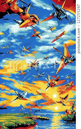 Illustration of fighter planes fighting in the blue sky 127255297