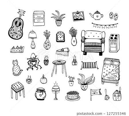 Cozy home items, black and white doodle set 127255346