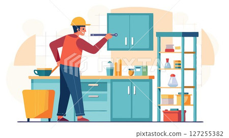 A glimpse into the intricate process of kitchen construction, as a carpenter carefully measures shelves to ensure a perfect fit. 127255382