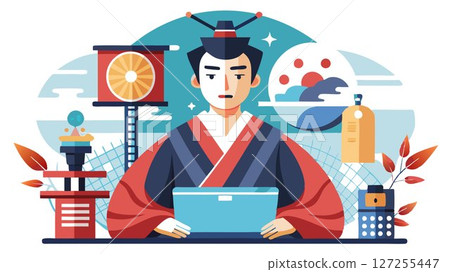 The juxtaposition of traditional Japanese attire with modern technology creates a striking visual. The juxtaposition of traditional Japanese attire with modern technology creates a striking visual. 127255447