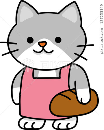 Hand drawn Cat and Career Doodle, Cartoon cat wearing an apron and holding a loaf of bread. Hand drawn Cat and Career Doodle, Cartoon cat wearing an apron and holding a loaf of bread. 127255549