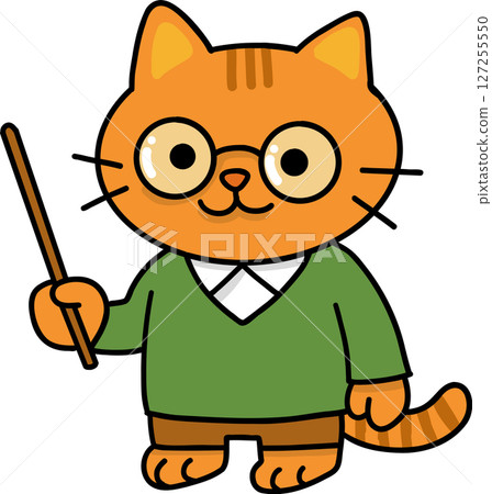 Hand drawn Cat and Career Doodle, Cartoon cat character wearing glasses and holding a pointer stick. Hand drawn Cat and Career Doodle, Cartoon cat character wearing glasses and holding a pointer stick. 127255550