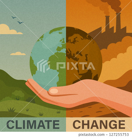 Climate Change Vector Illustration with Earth in Hand. Global Warming Concept. Air Pollution, Factory Emissions, Deforestation, Environmental Damage, Save The Planet, Nature and Industry Contrast 127255753