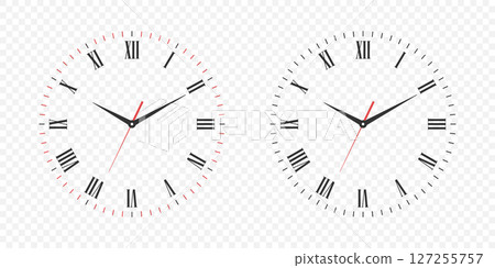Vector Clock Face Set with Roman Numerals. Vector Clock Face Illustration with Hour, Minute and Second Hands. Isolated Classic Clock Face Design for Time Concept, Education, Decor and Watch Mockup Vector Clock Face Set with Roman Numerals. Vector Clock Face Illustration with Hour, Minute and Second Hands. Isolated Classic Clock Face Design for Time Concept, Education, Decor and Watch Mockup 127255757