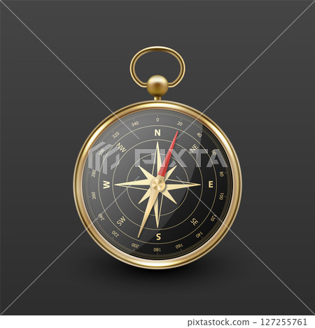 Realistic 3D Vector Compass with Gold Metallic Frame, Navigation Tool Illustration. Vintage Wind Rose Symbol on Dial, Compass Icon Close-up, Isolated 127255761