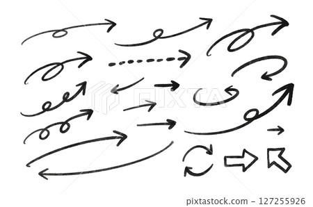 Pen-style hand-drawn arrow vector illustration set (line drawing, monochrome) 127255926