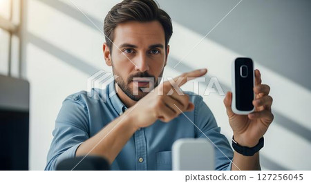 Man presenting a smartphone prototype 127256045