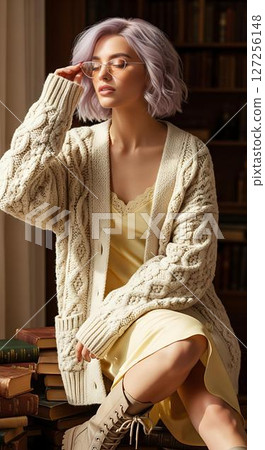 Woman in Knit Cardigan and Yellow Dress 127256148