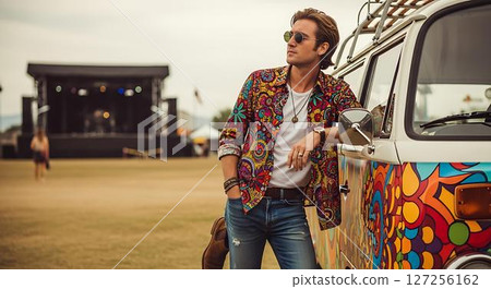 Stylish Man at Music Festival by Retro Van 127256162