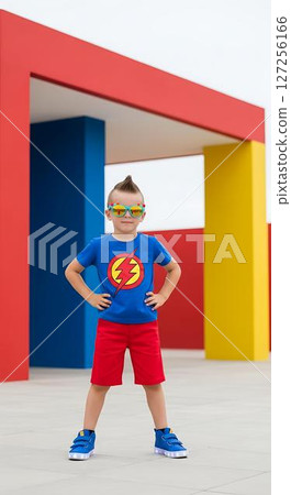 Superhero Boy in Colorful Setting Superhero Boy in Colorful Setting 127256166