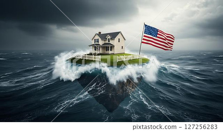 House on Island in Stormy Sea with American Flag House on Island in Stormy Sea with American Flag 127256283
