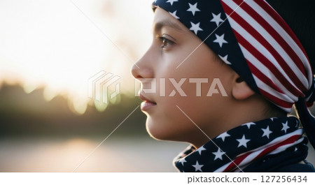 Boy in American Flag Bandana, Sunset 127256434