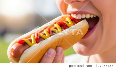 Woman Eating Hot Dog with Mustard and Ketchup Woman Eating Hot Dog with Mustard and Ketchup 127256437
