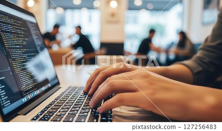 Programmer Coding on Laptop in Cafe 127256483