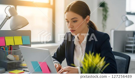 Businesswoman working on laptop in office 127256489