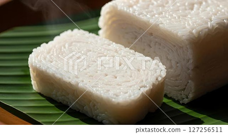Steamed Rice Cakes on Banana Leaf 127256511