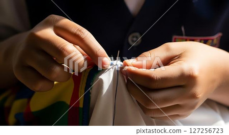 Childs Hands Sewing Colorful Fabric 127256723