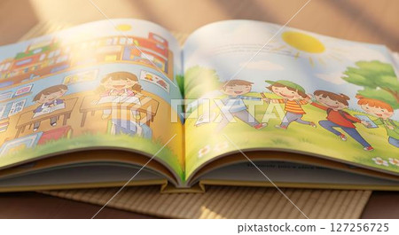 Childrens Book Open, Classroom and Playground Scene 127256725