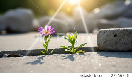 Flowers growing through cracks in concrete 127256726