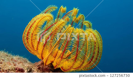 Yellow and Red Crinoid underwater macro 127256730