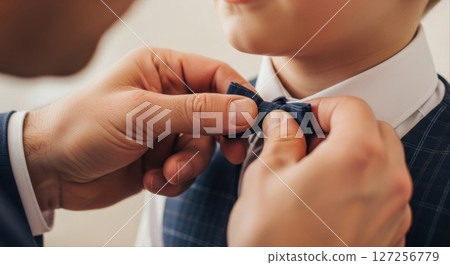 Father Ties Sons Bow Tie, Boy in Suit 127256779