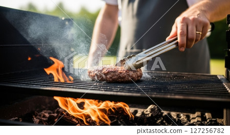 Grilling a burger on a barbecue 127256782