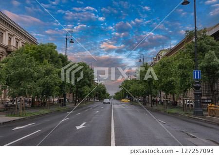 A wet street in Budapest, Hungary, lined with trees and ornate historic buildings. Vehicles, including a yellow taxi, are visible under an overcast sky. A wet street in Budapest, Hungary, lined with trees and ornate historic buildings. Vehicles, including a yellow taxi, are visible under an overcast sky. 127257093